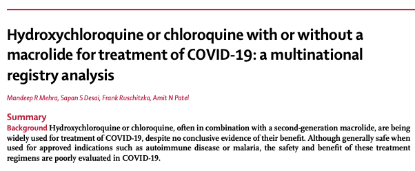 Hidroxicloroquina o cloroquina con o sin macrólido para el tratamiento de COVID-19: un análisis de registro&nbsp;multinacional