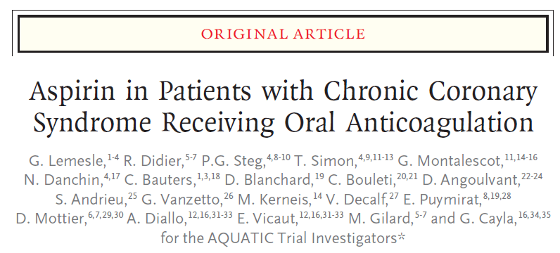 🩺 ¿Se debe usar aspirina en pacientes con síndrome coronario crónico que ya están anticoagulados? El ensayo AQUATIC da una respuesta&nbsp;contundente
